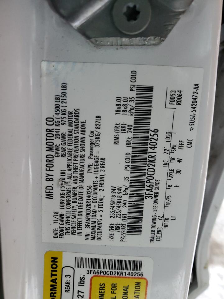 2019 Ford Fusion VIN 3FA6P0CD2KR140256 Copart auction photo, front end / side damage thumbnail 12