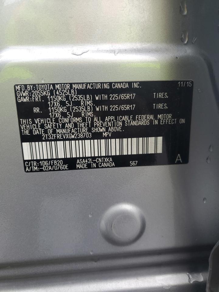 2016 Toyota RAV 4 VIN 2T3ZFREVXGW238703 Copart auction photo, front end / side damage thumbnail 13