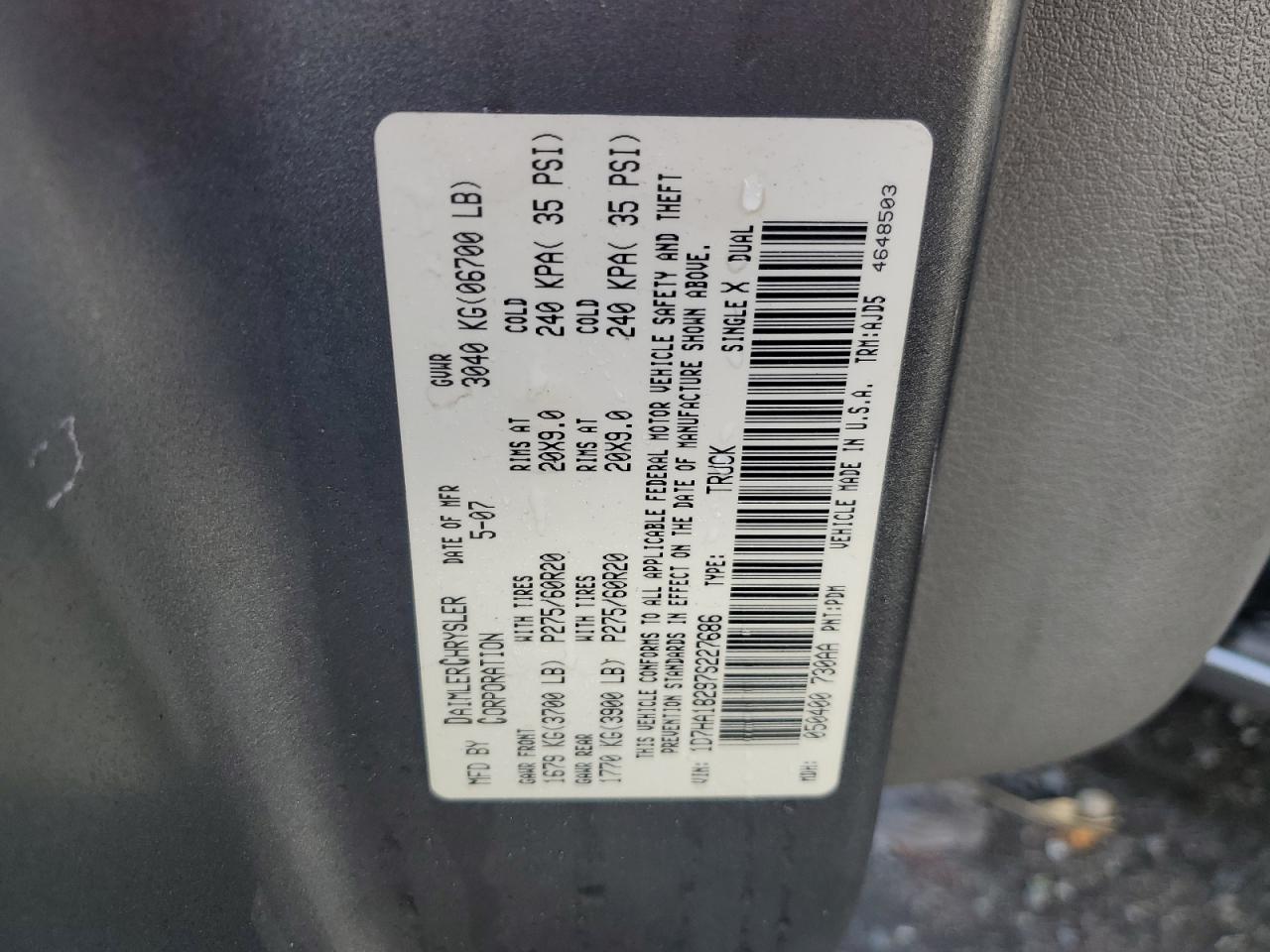 2007 Dodge RAM VIN 1D7HA18297S227686 Copart auction photo, front end damage thumbnail 12