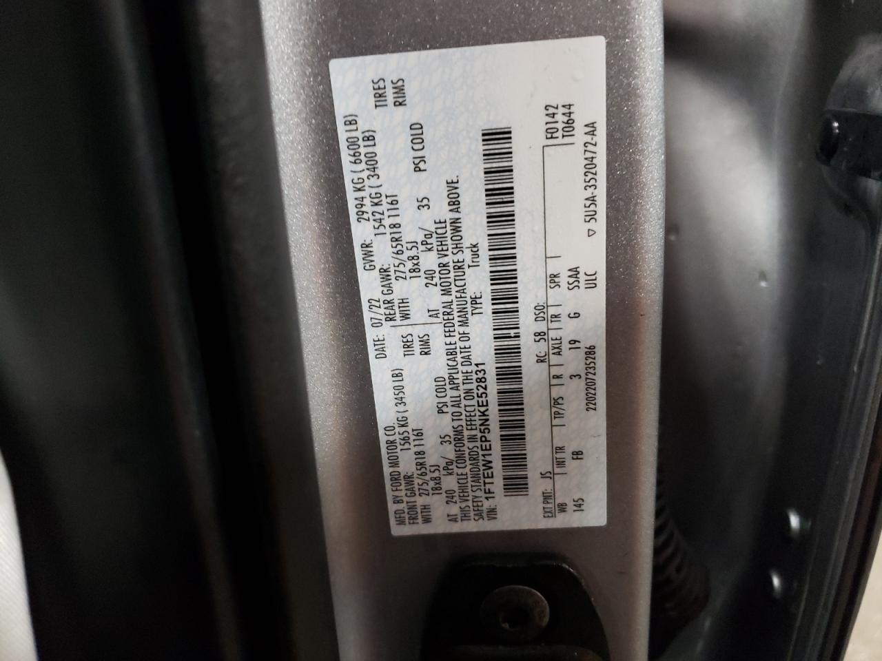 2022 Ford F-150 VIN 1FTEW1EP5NKE52831 Copart auction photo, front end damage thumbnail 15