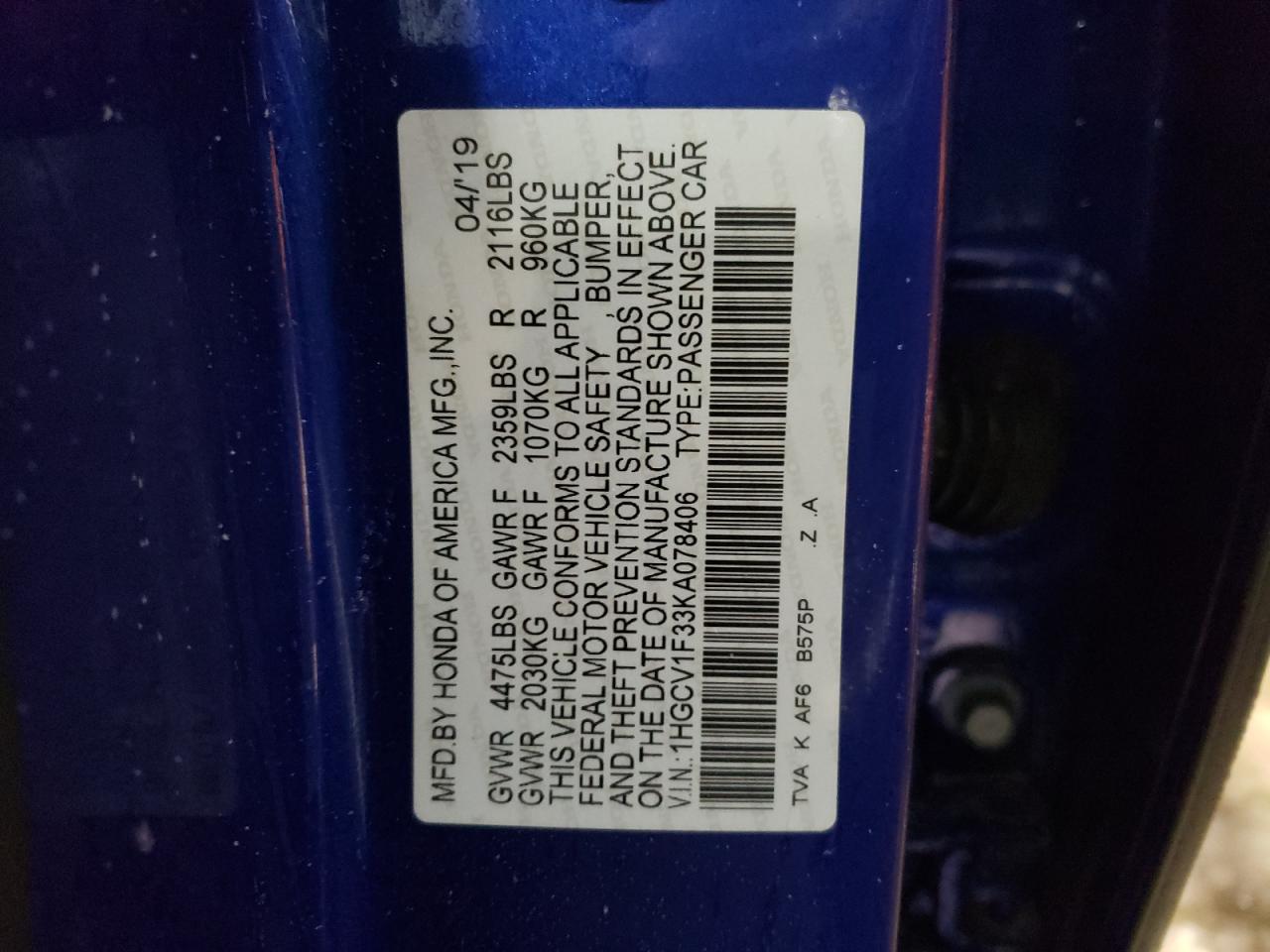 2019 Honda Accord VIN 1HGCV1F33KA078406 Copart auction photo, side damage thumbnail 12