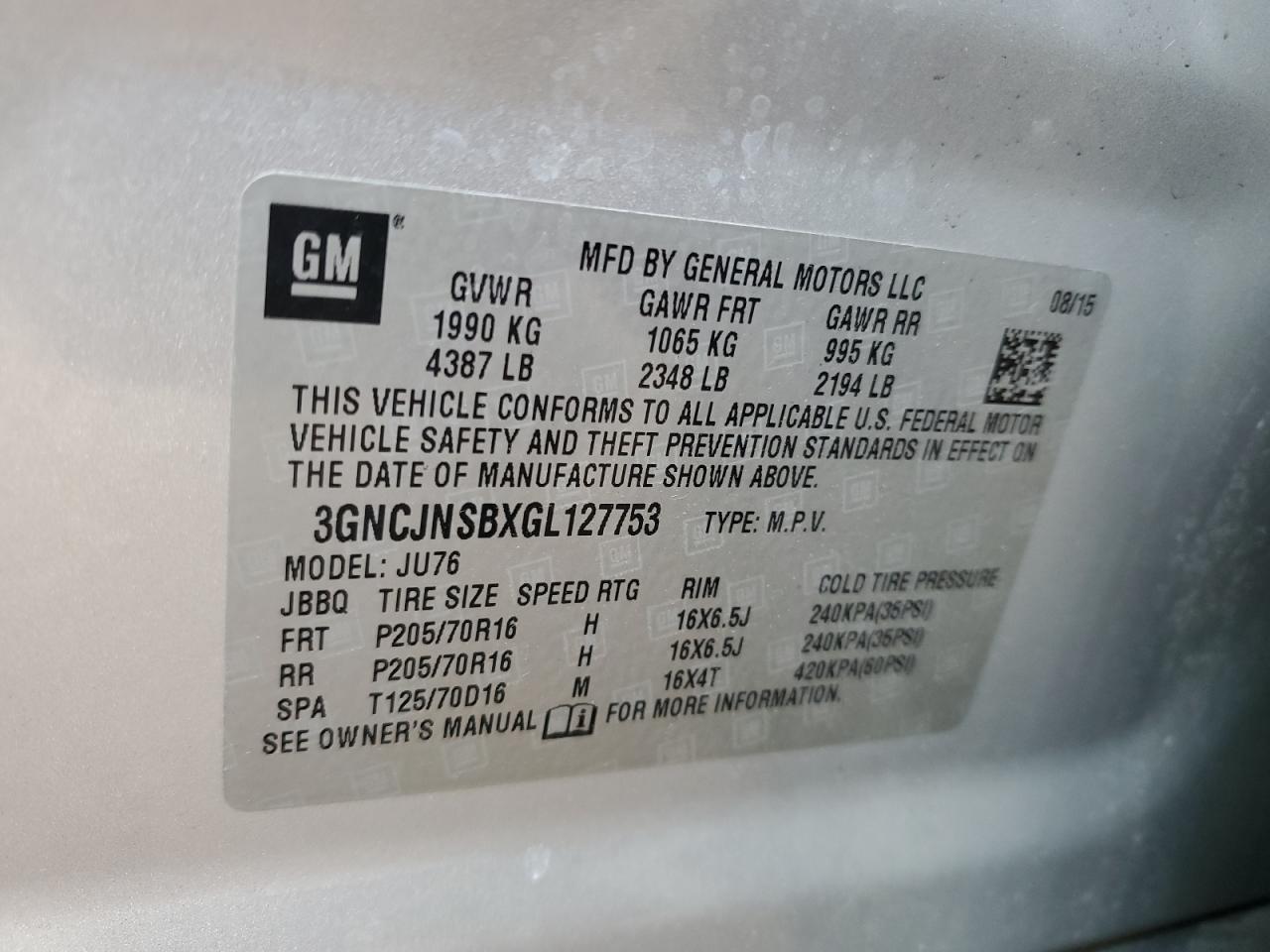 2016 Chevrolet Trax VIN 3GNCJNSBXGL127753 Copart auction photo, front end / minor dent/scratches damage thumbnail 13