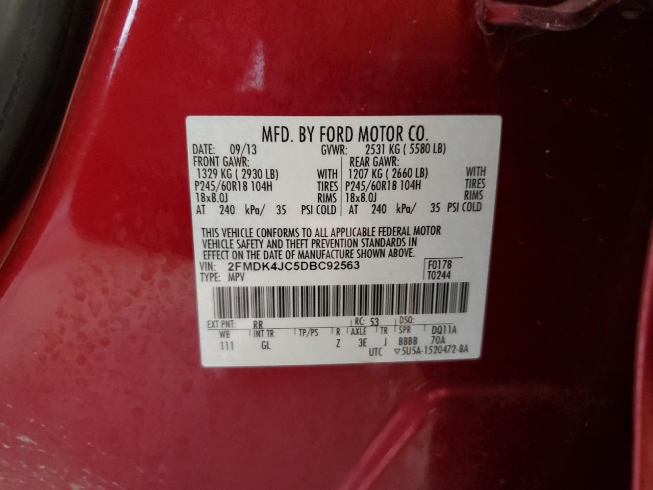 2013 Ford Edge VIN 2FMDK4JC5DBC92563 Copart auction photo, front end / side damage thumbnail 15