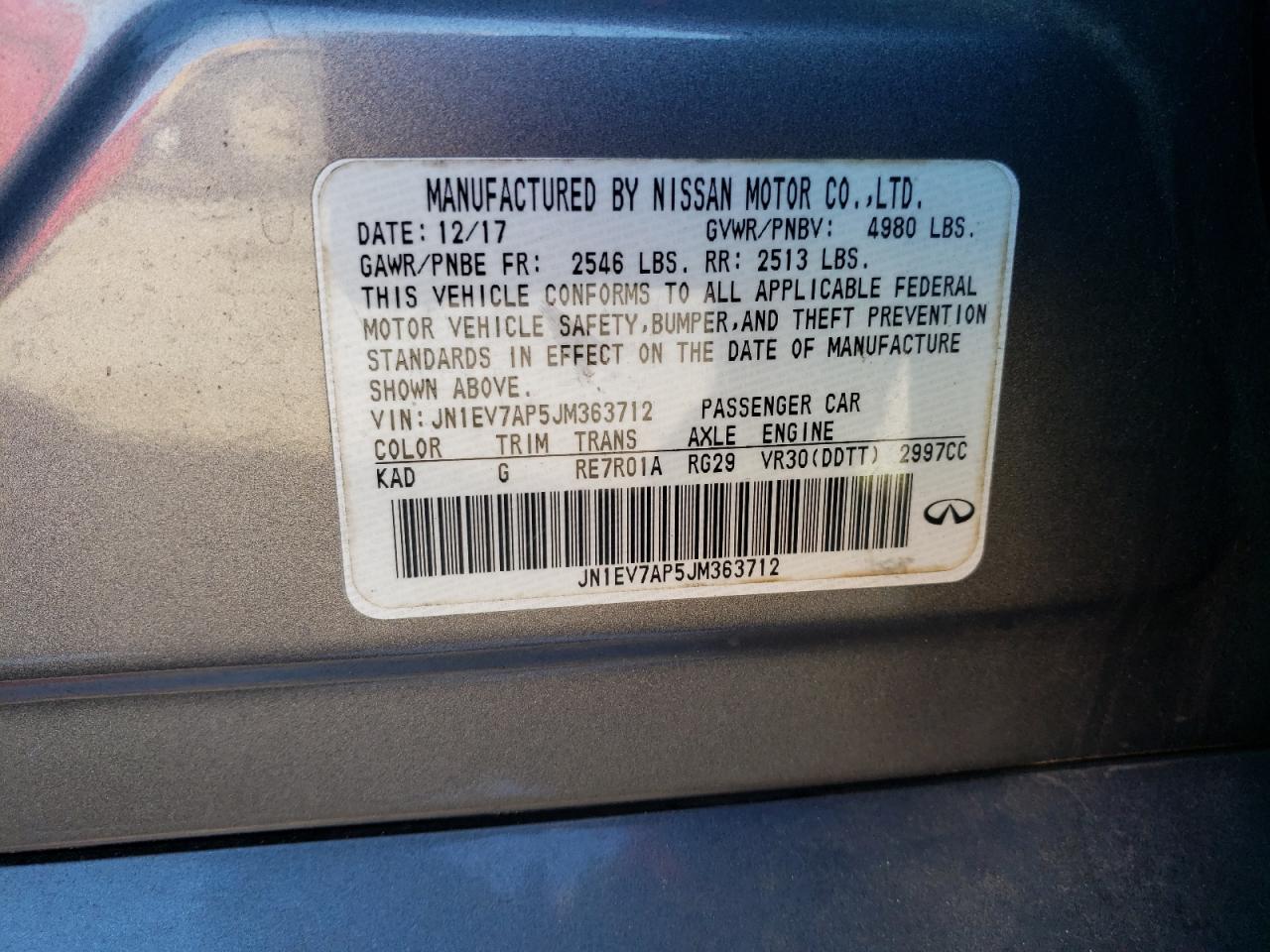 2018 Infiniti Q50 VIN JN1EV7AP5JM363712 Copart auction photo, front end / rear end damage thumbnail 14