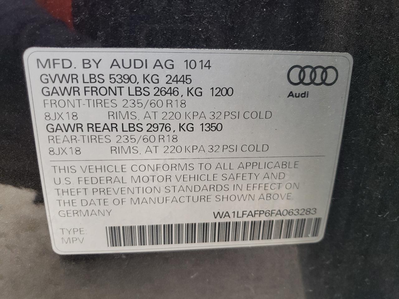 2015 Audi Q5 VIN WA1LFAFP6FA063283 Copart auction photo, front end damage thumbnail 13