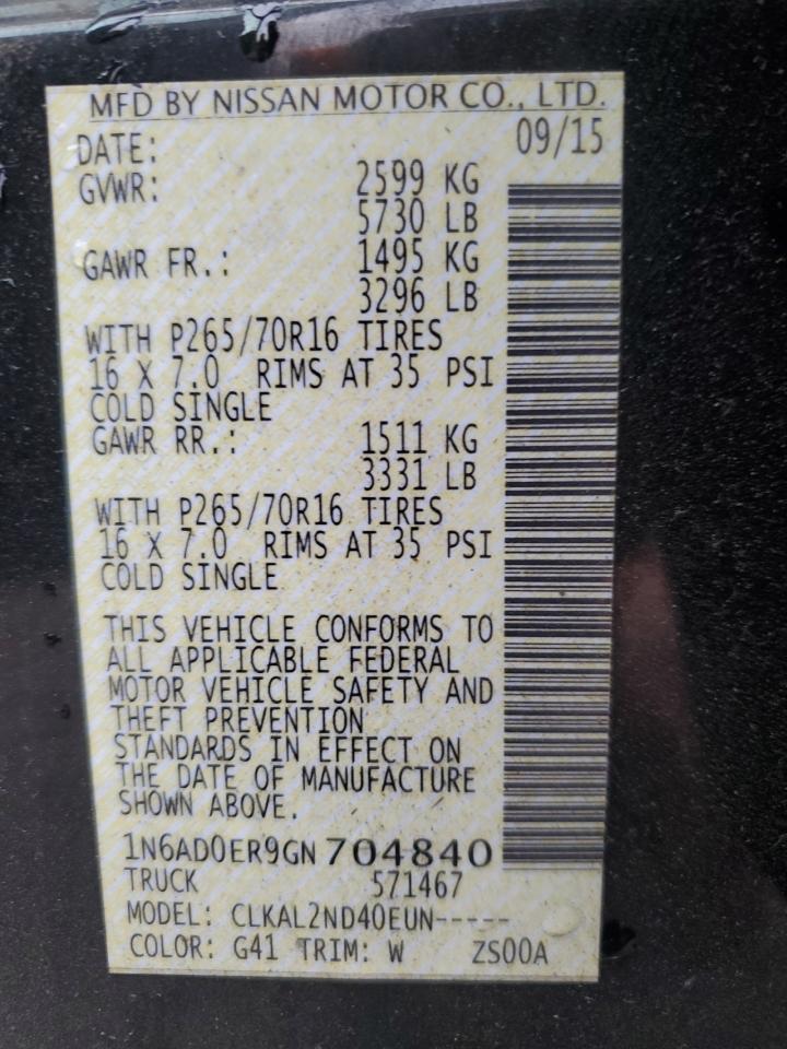 2016 Nissan Navara (Frontier) VIN 1N6AD0ER9GN704840 Copart auction photo, all over damage thumbnail 13