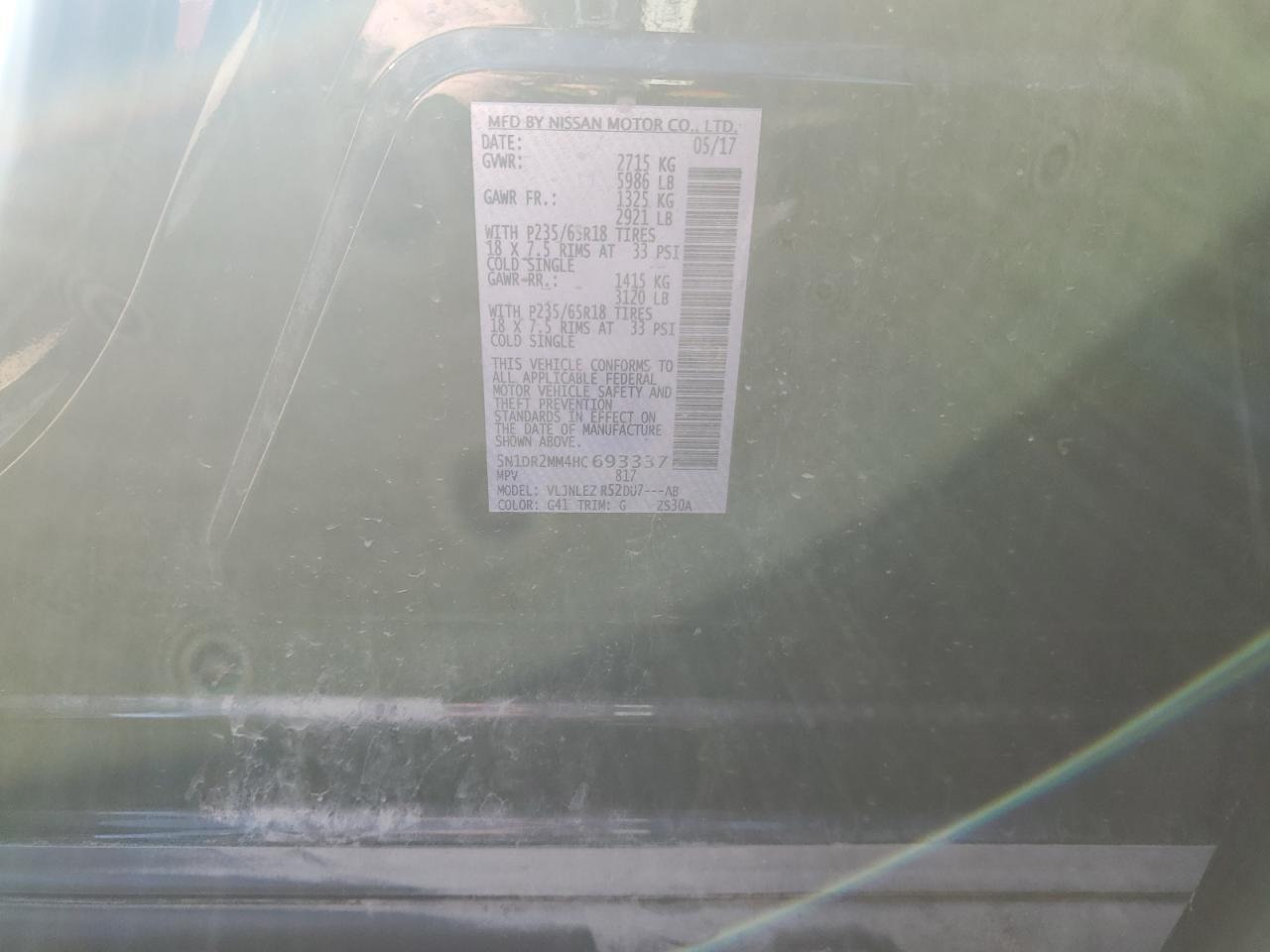 2017 Nissan Pathfinder VIN 5N1DR2MM4HC693337 Copart auction photo, front end / minor dent/scratches damage thumbnail 13
