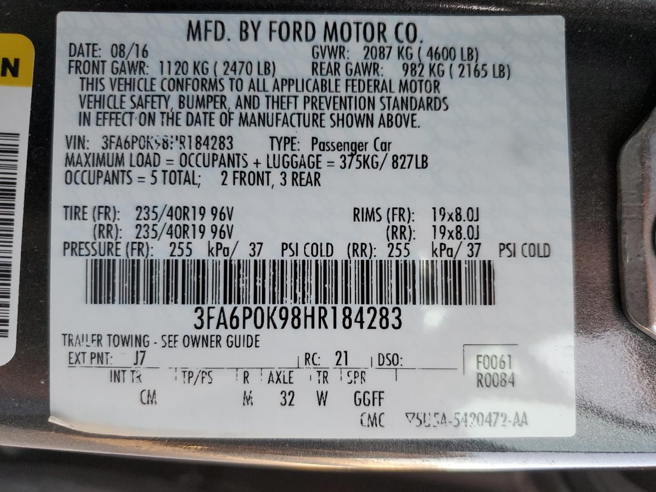 2017 Ford Fusion VIN 3FA6P0K98HR184283 Copart auction photo, rear end damage thumbnail 14