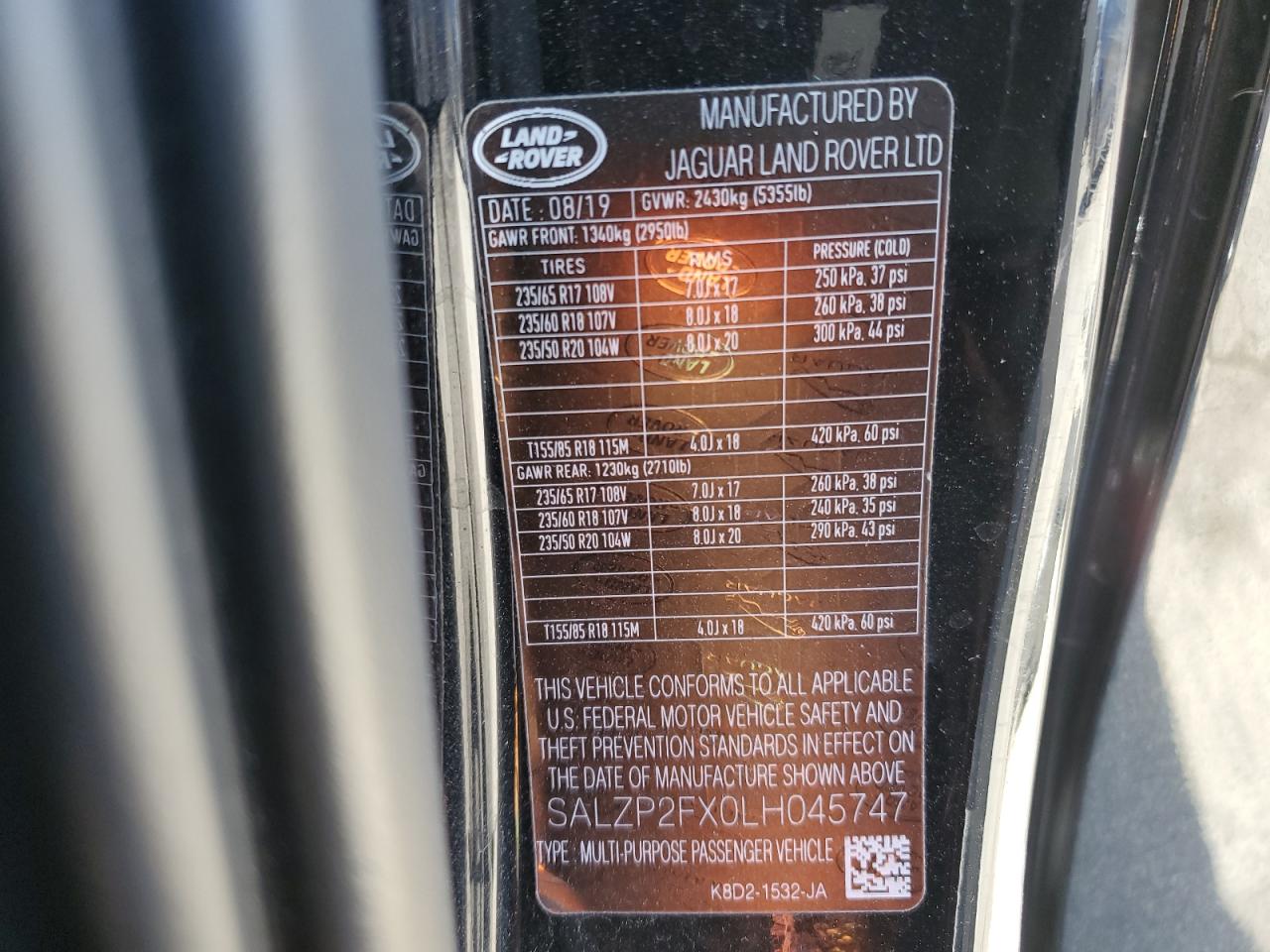 2020 Land Rover Range Rover VIN SALZP2FX0LH045747 Copart auction photo, rear end damage thumbnail 16