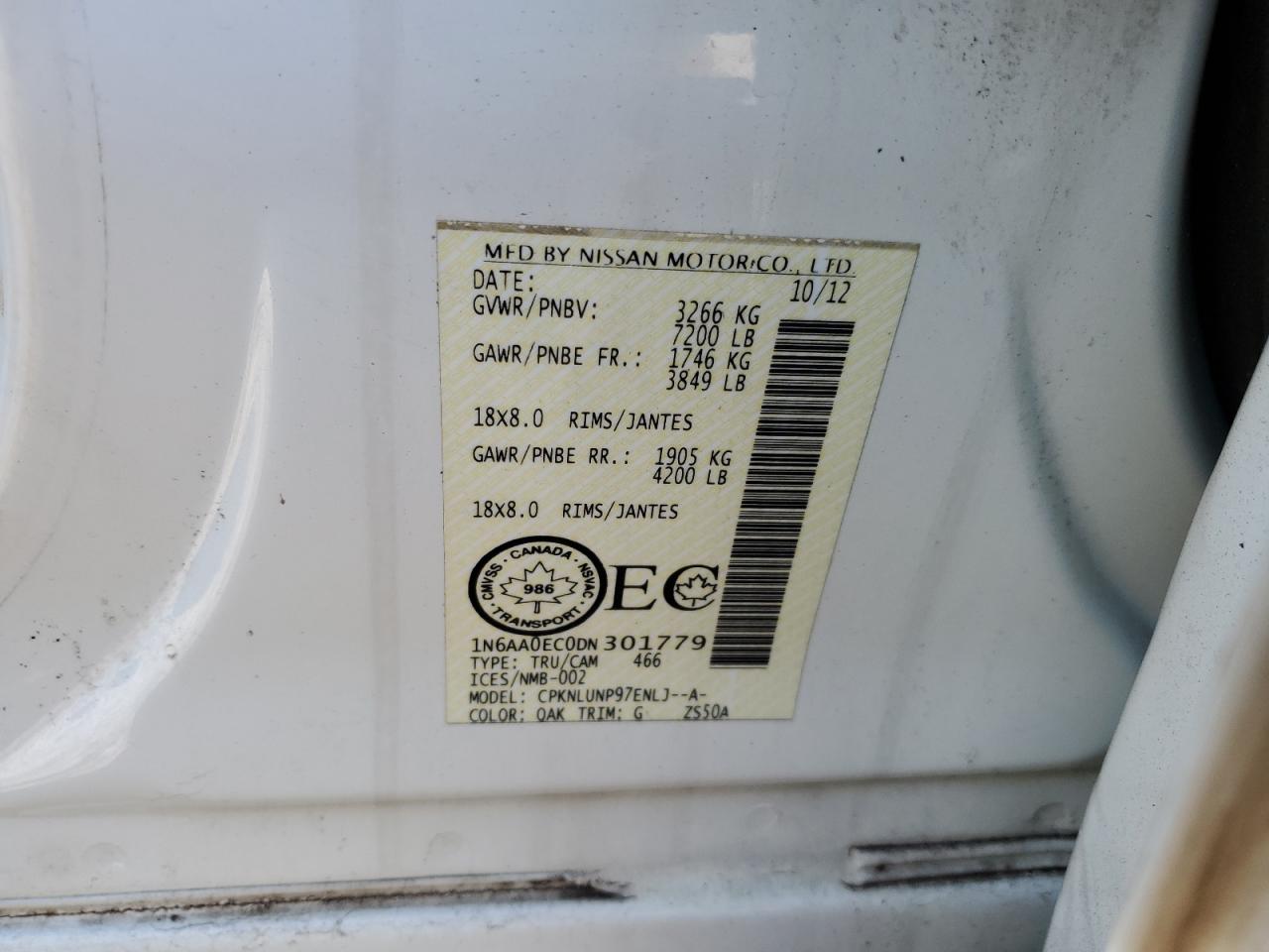 2013 Nissan Titan VIN 1N6AA0EC0DN301779 Copart auction photo, front end damage thumbnail 12