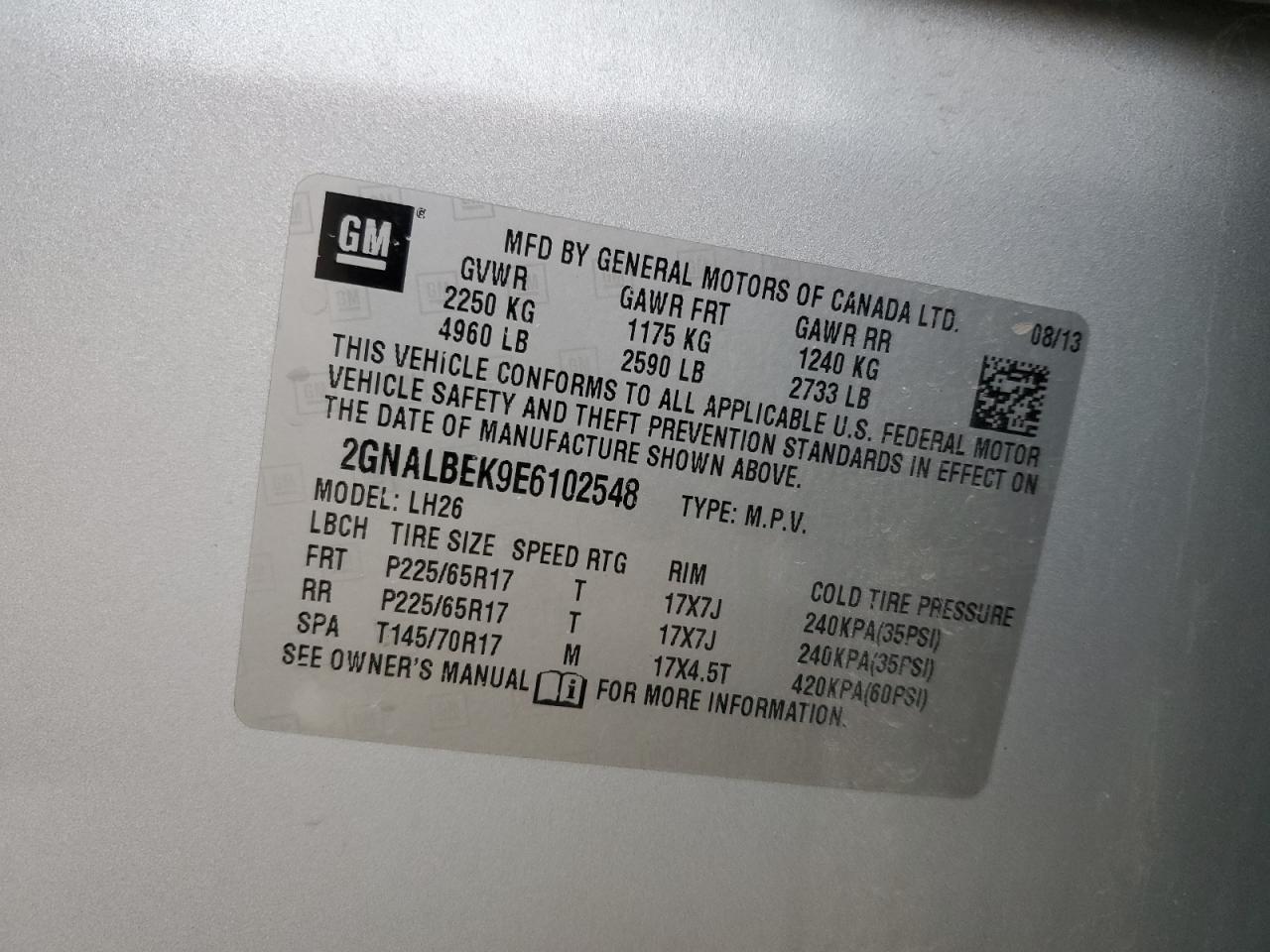 2014 Chevrolet Equinox VIN 2GNALBEK9E6102548 Copart auction photo, front end damage thumbnail 13