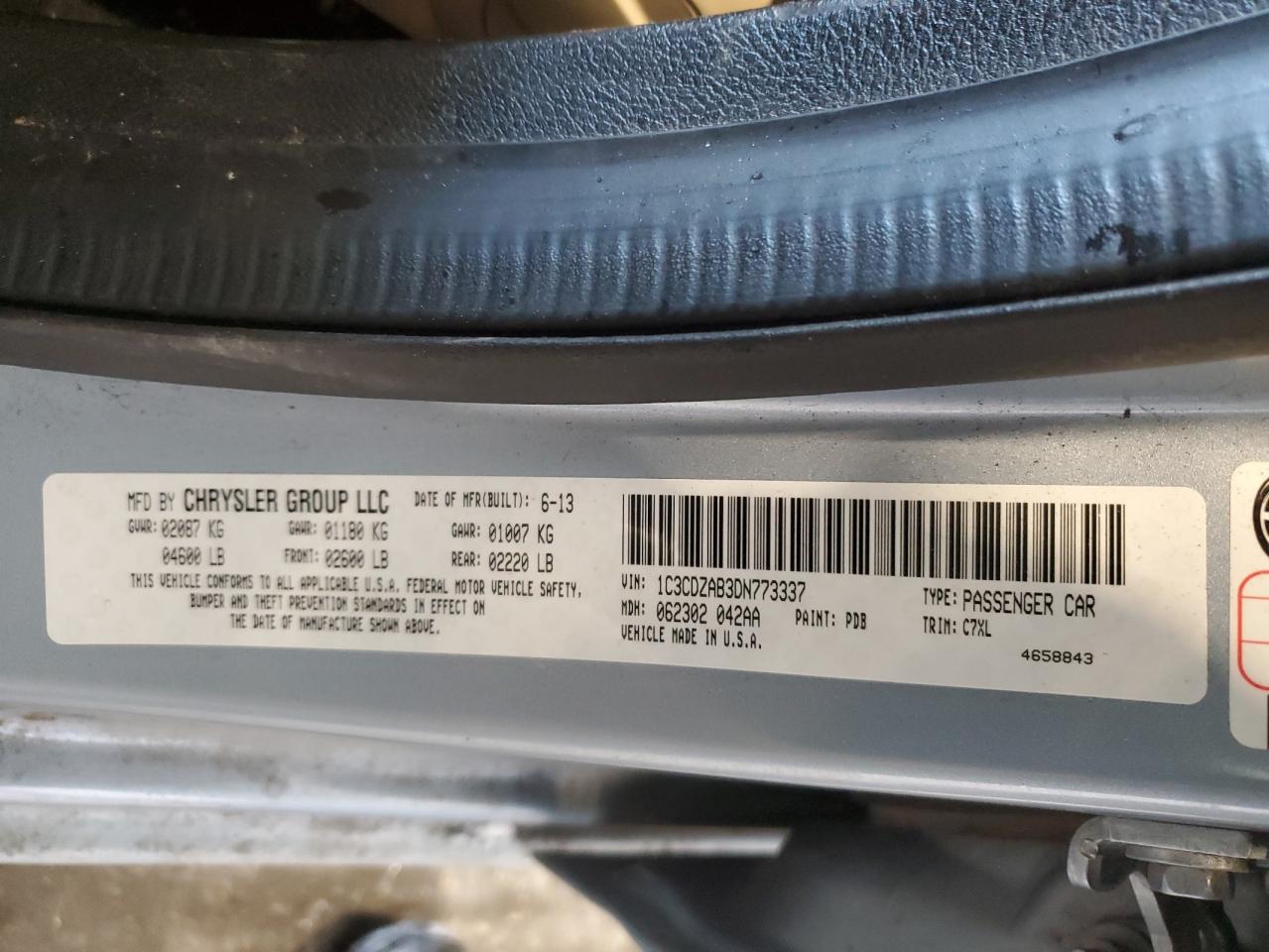 2013 Dodge Avenger VIN 1C3CDZAB3DN773337 Copart auction photo, front end / hail damage thumbnail 15
