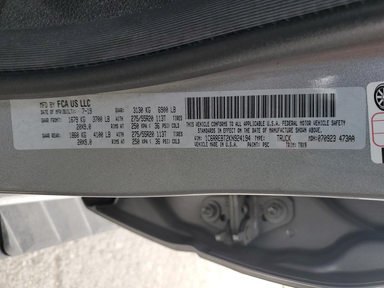 2019 RAM 1500 VIN 1C6RREBT2KN924194 Copart auction photo, front end damage thumbnail 13