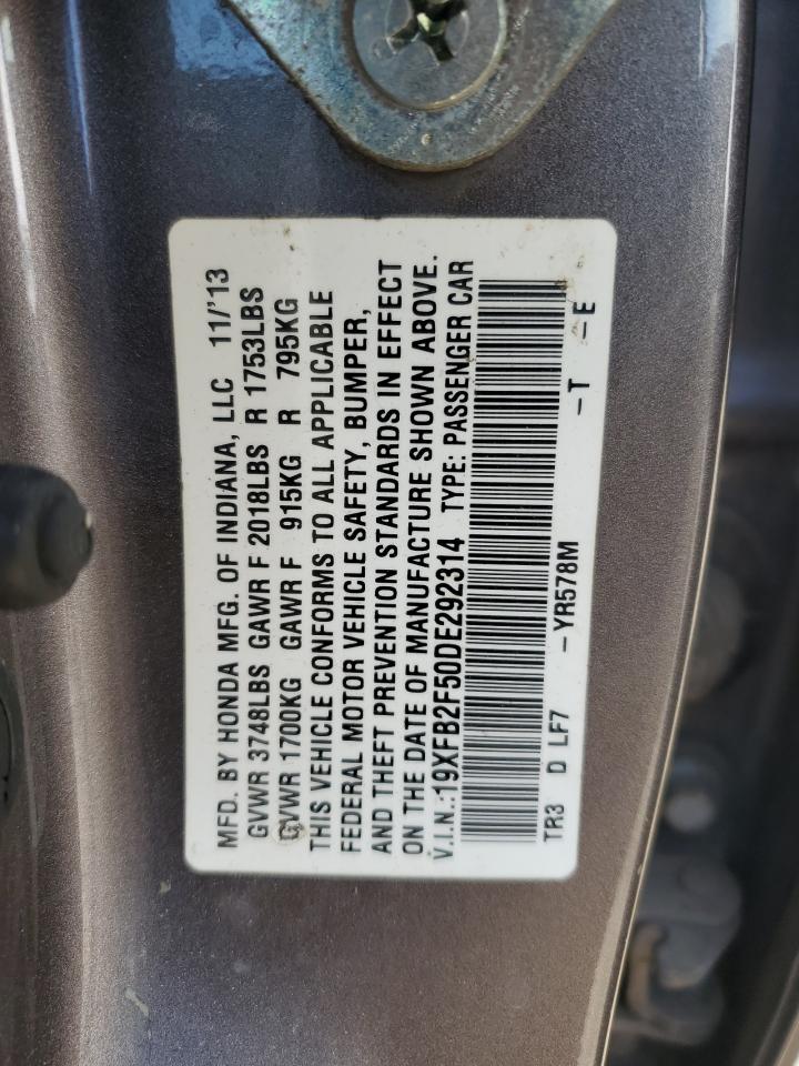 2013 Honda Civic VIN 19XFB2F50DE292314 Copart auction photo, rear end / front end damage thumbnail 12