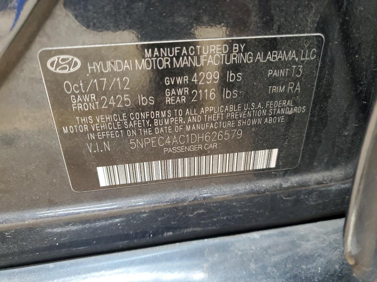 2013 Hyundai Sonata VIN 5NPEC4AC1DH626579 Copart auction photo, front end / side damage thumbnail 14