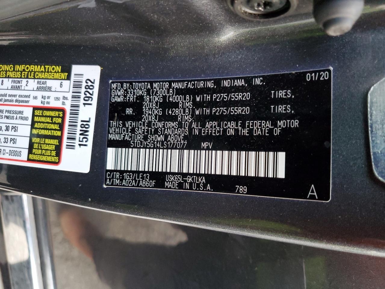 2020 Toyota Sequoia VIN 5TDJY5G14LS177077 Copart auction photo, front end / side damage thumbnail 15