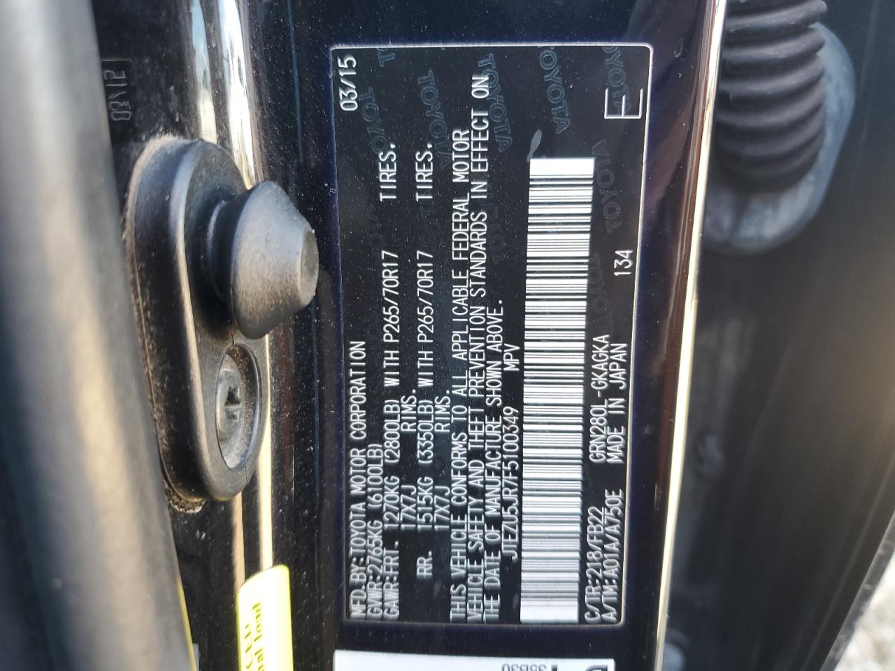 2015 Toyota 4Runner VIN JTEZU5JR7F5100349 Copart auction photo, front end damage thumbnail 13