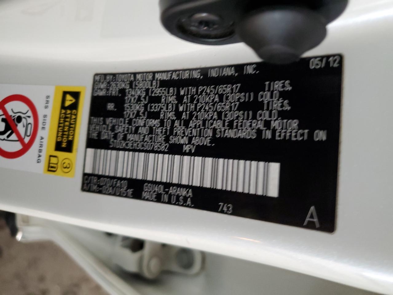 2012 Toyota Highlander VIN 5TDZK3EH3CS078582 Copart auction photo, rear end damage thumbnail 14
