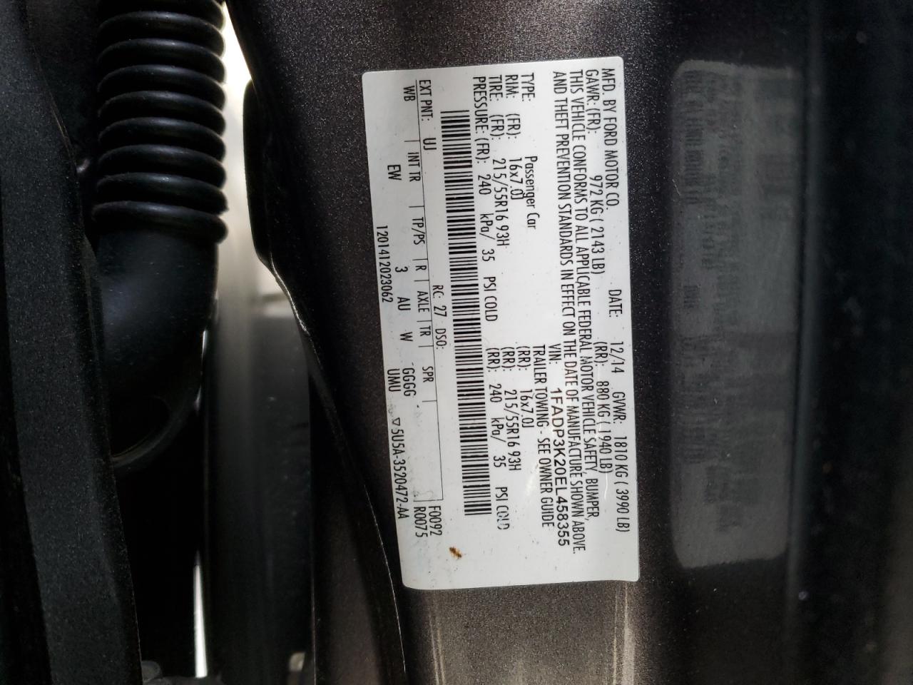 2014 Ford Focus VIN 1FADP3K20EL458355 Copart auction photo, side / front end damage thumbnail 12
