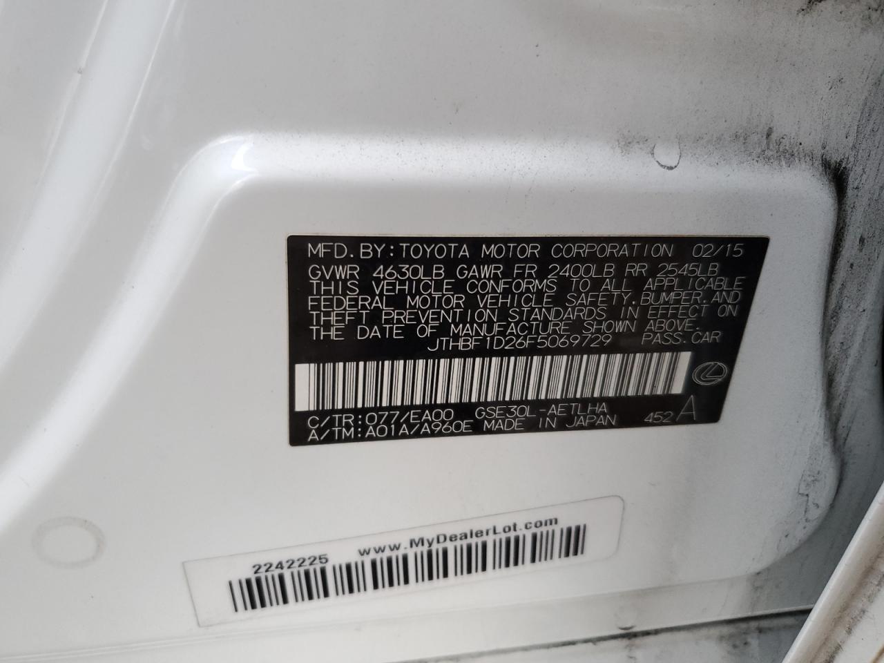 2015 Lexus IS VIN JTHBF1D26F5069729 Copart auction photo, front end / rear end damage thumbnail 12