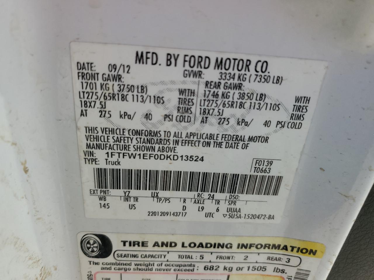 2013 Ford F-150 VIN 1FTFW1EF0DKD13524 Copart auction photo, side damage thumbnail 12