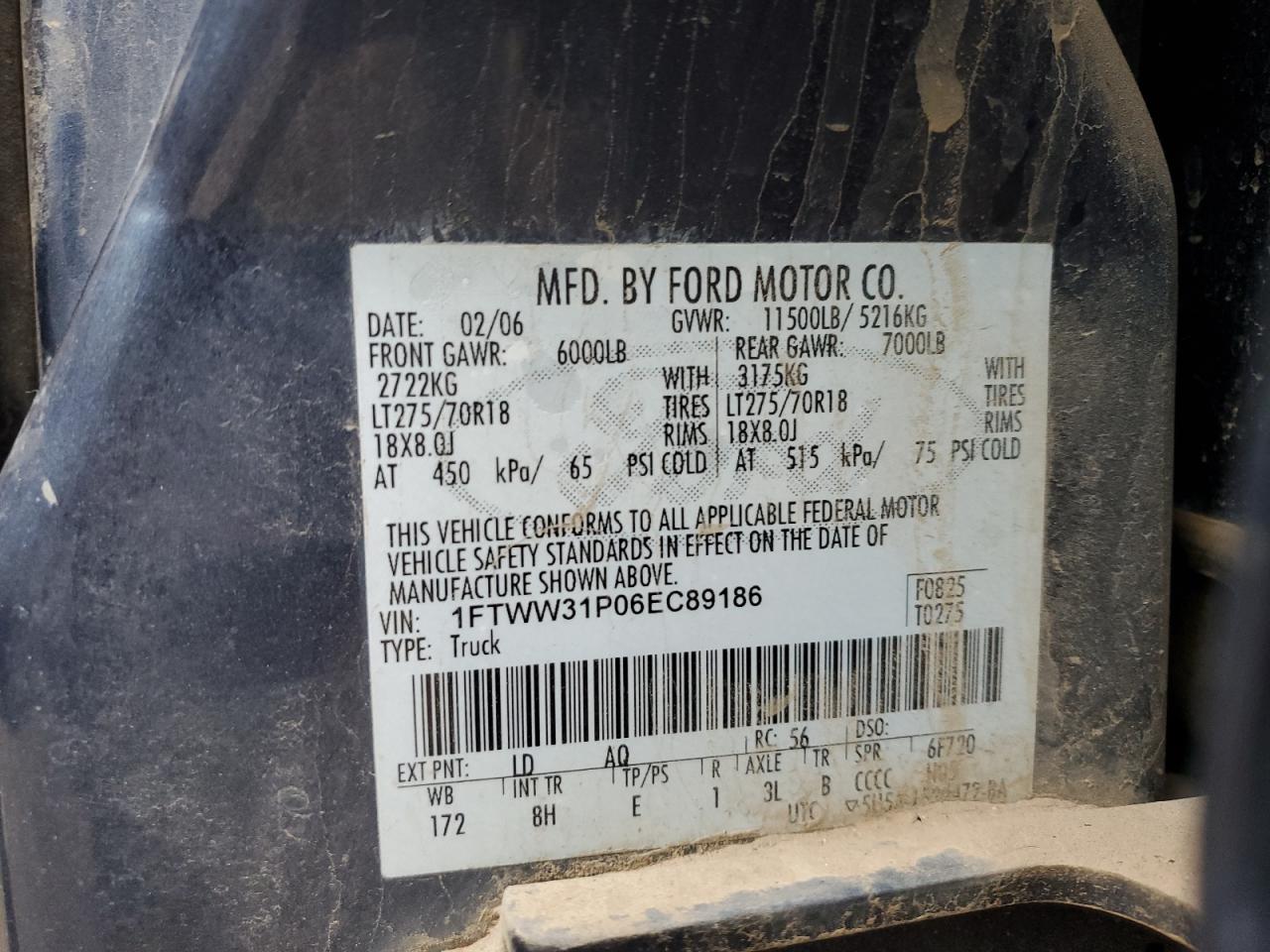 2006 Ford F350 VIN 1FTWW31P06EC89186 Copart auction photo, rear end / frame damage damage thumbnail 12