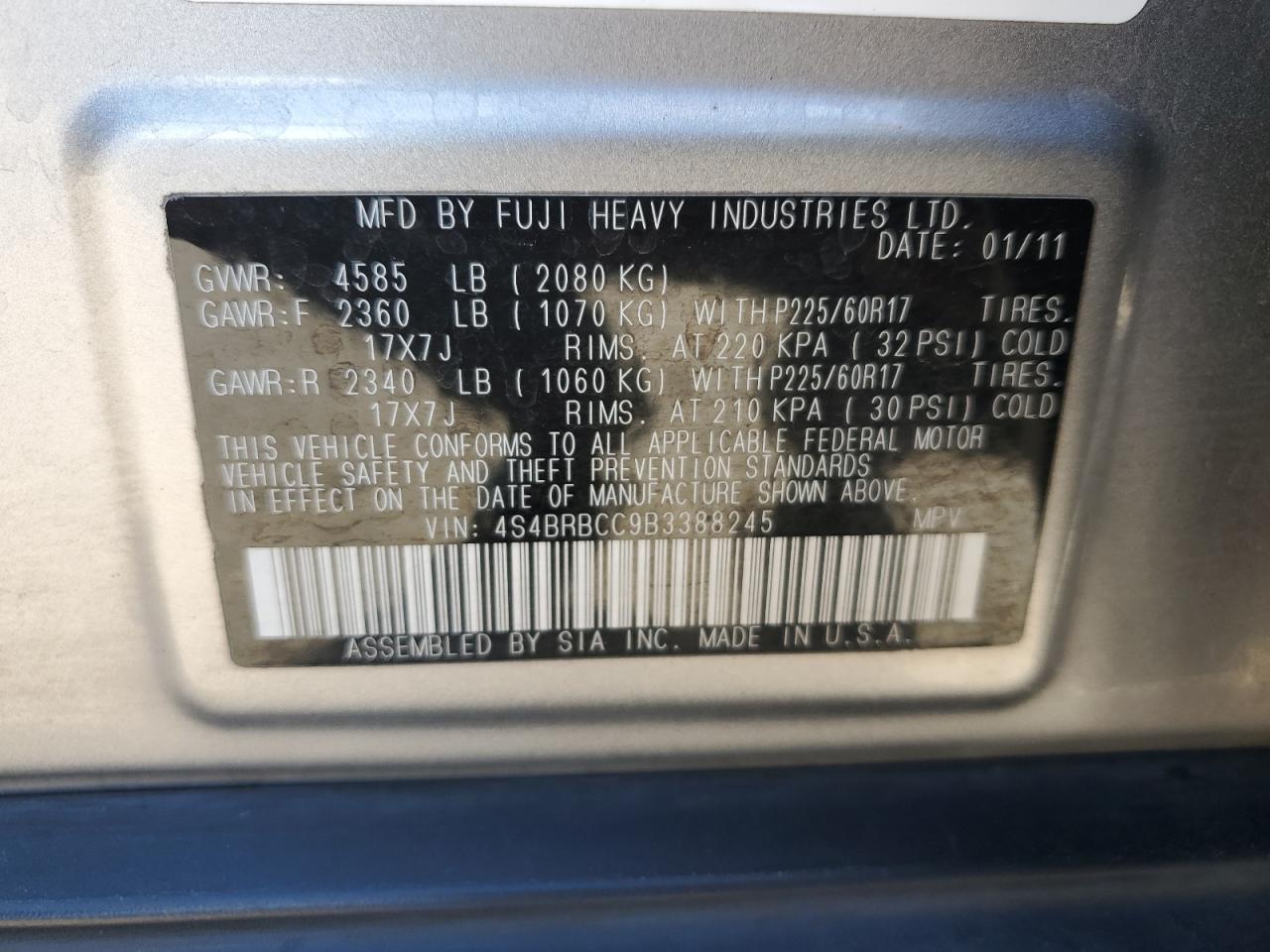 2011 Subaru Outback VIN 4S4BRBCC9B3388245 Copart auction photo, all over / undercarriage damage thumbnail 14