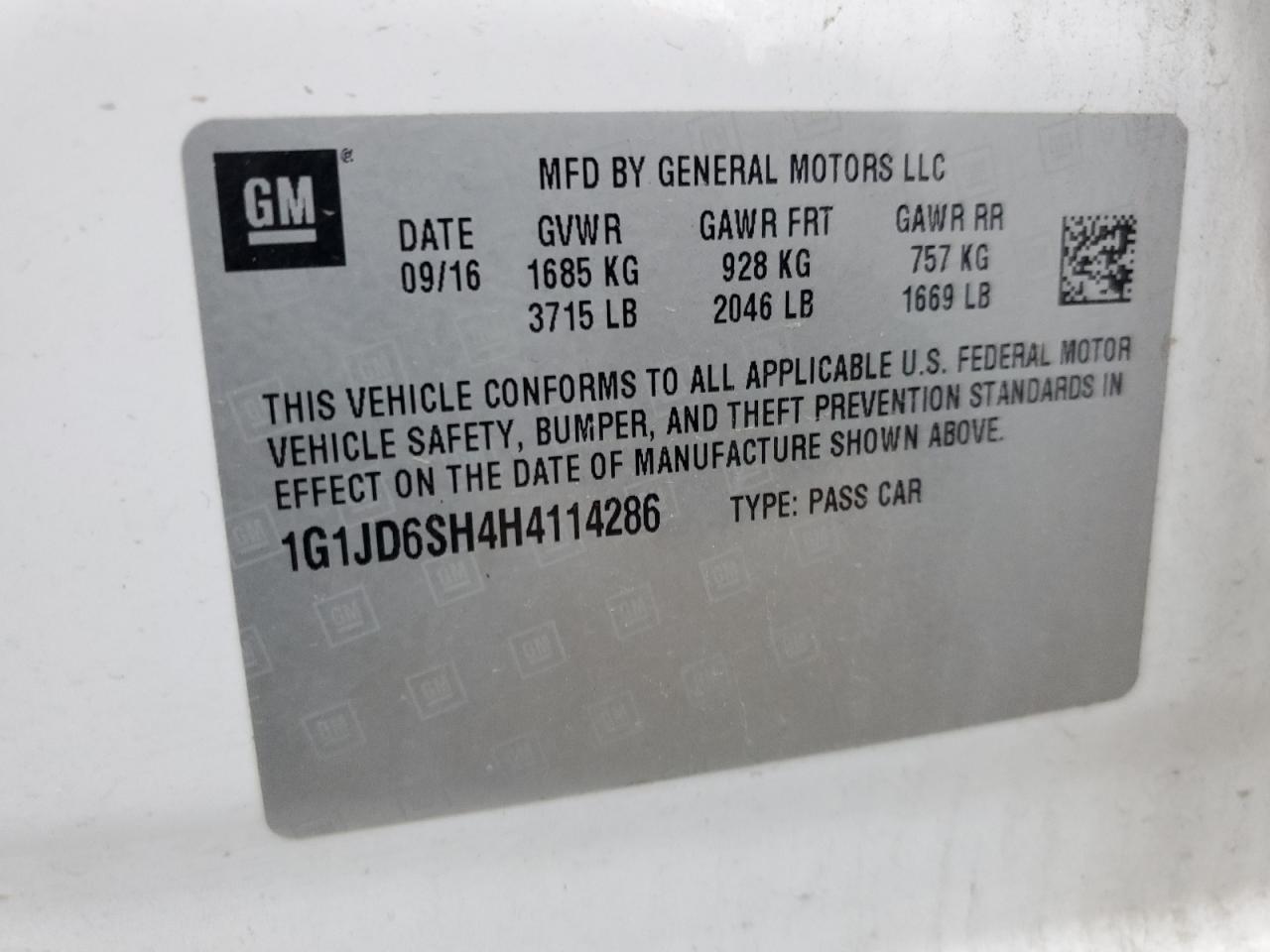 2017 Chevrolet Sonic VIN 1G1JD6SH4H4114286 Copart auction photo, mechanical damage thumbnail 12