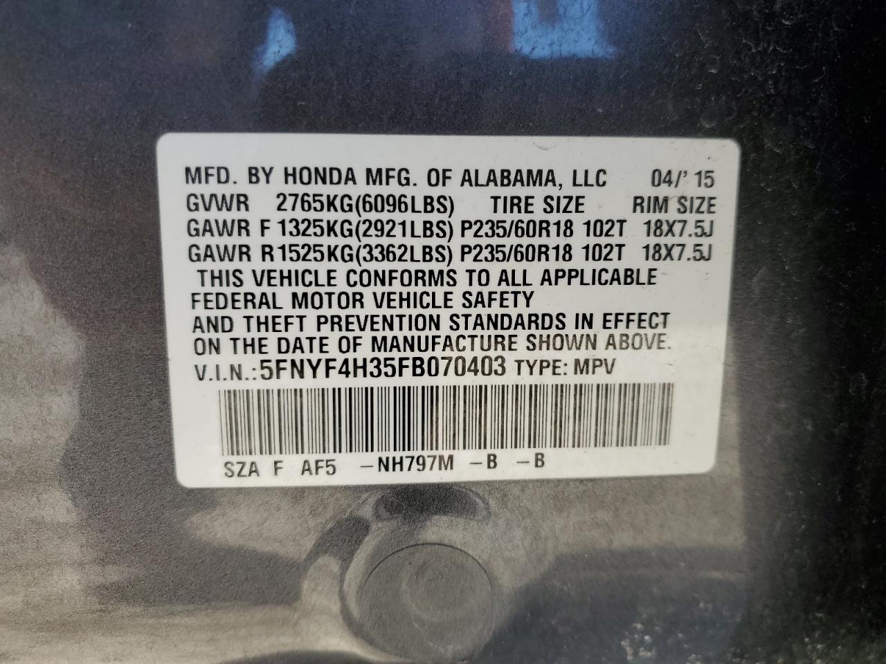 2015 Honda Pilot VIN 5FNYF4H35FB070403 Copart auction photo, rear end damage thumbnail 13