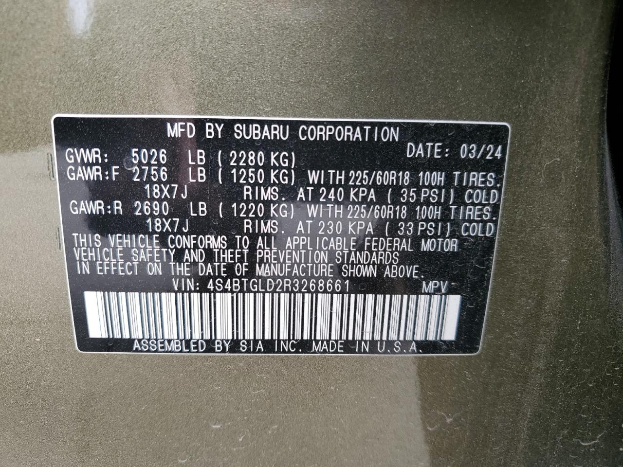 2024 Subaru Outback VIN 4S4BTGLD2R3268661 Copart auction photo, side damage thumbnail 13