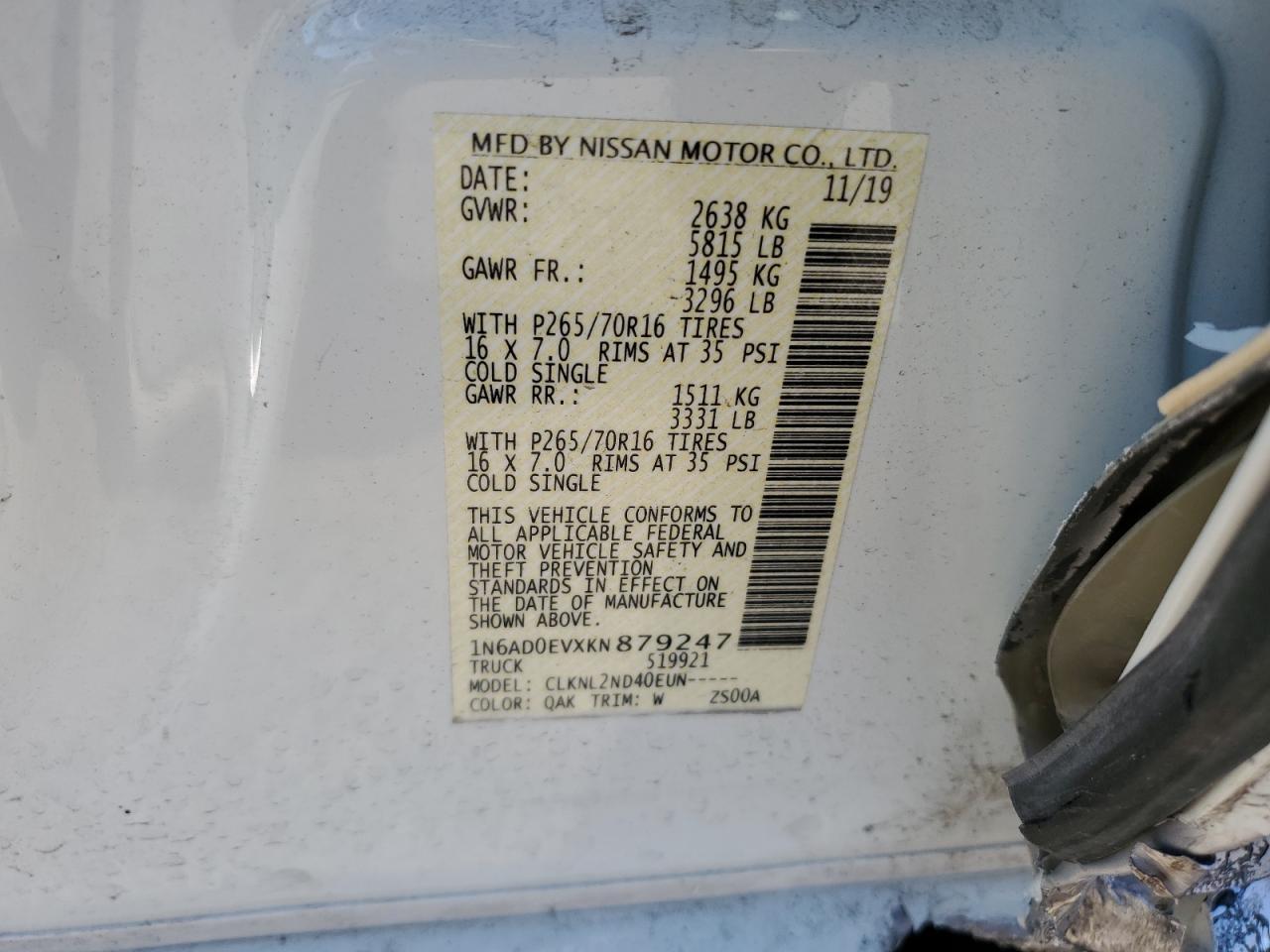 2019 Nissan Navara (Frontier) VIN 1N6AD0EVXKN879247 Copart auction photo, front end / side damage thumbnail 15