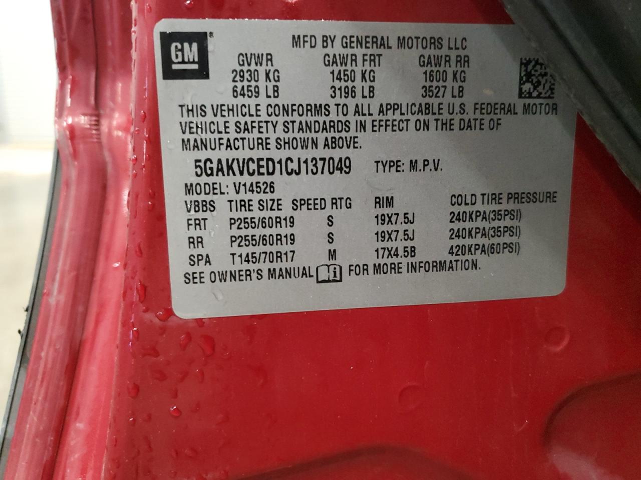 2012 Buick Enclave VIN 5GAKVCED1CJ137049 Copart auction photo, mechanical damage thumbnail 13