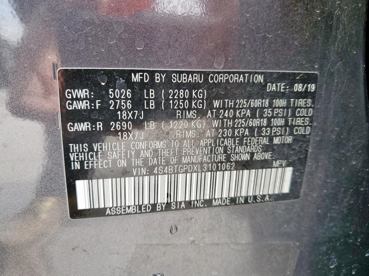 2020 Subaru Outback VIN 4S4BTGPDXL3101062 Copart auction photo, front end damage thumbnail 14