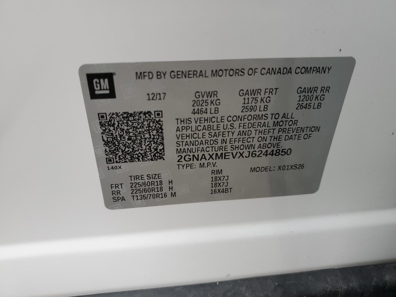 2018 Chevrolet Equinox VIN 2GNAXMEVXJ6244850 Copart auction photo, front end / side damage thumbnail 14