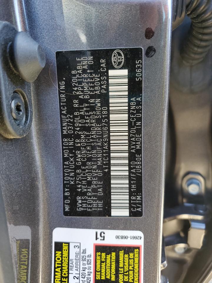 2022 Toyota Camry VIN 4T1C11AK9NU675180 Copart auction photo, all over damage thumbnail 14