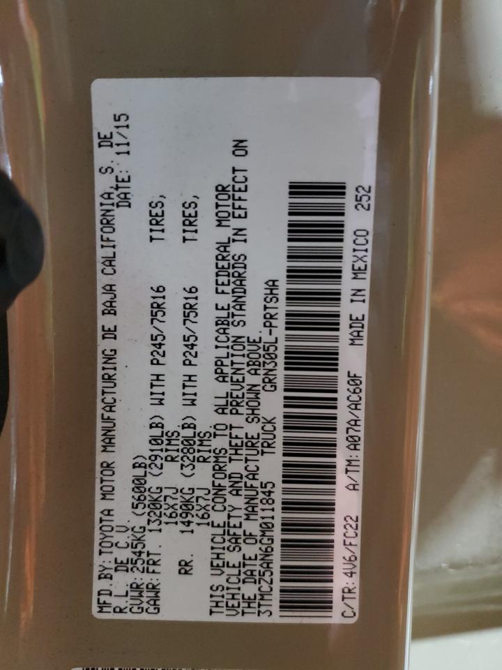 2016 Toyota Tacoma VIN 3TMCZ5AN6GM011845 Copart auction photo, side / rear end damage thumbnail 12