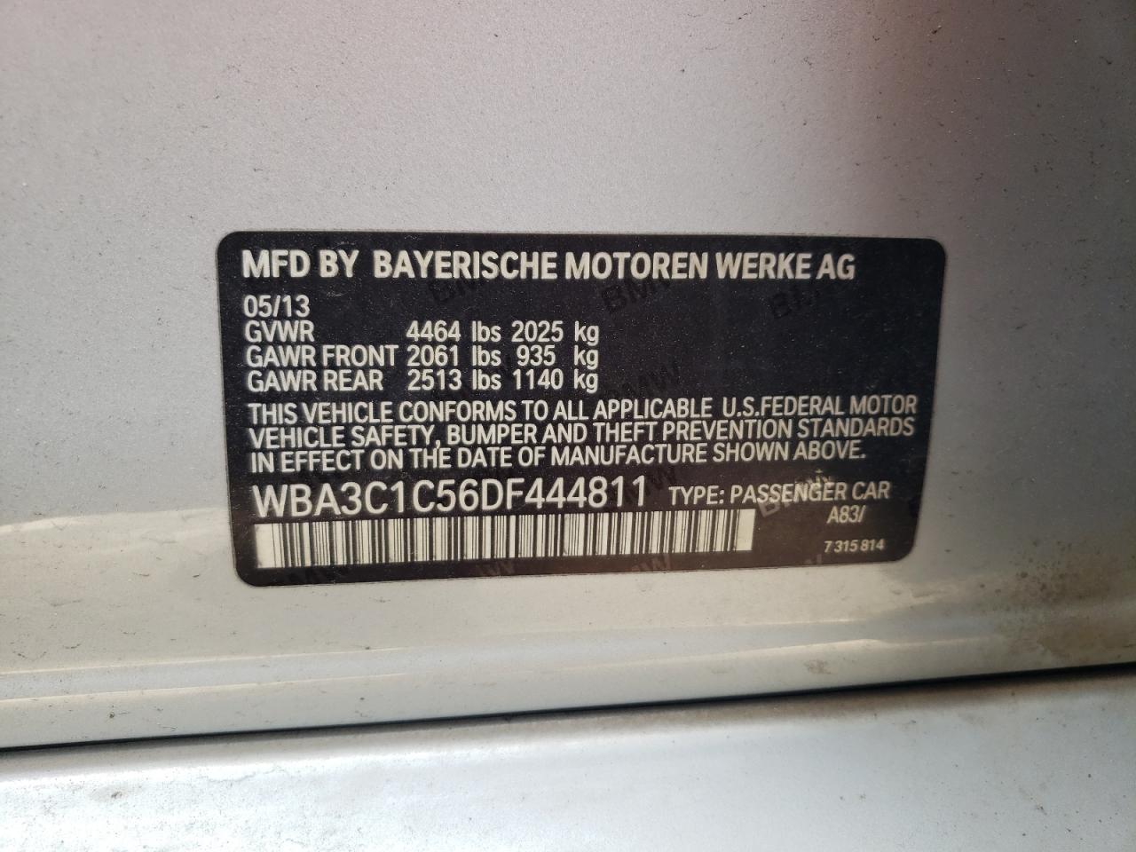 2013 BMW 3er VIN WBA3C1C56DF444811 Copart auction photo, undercarriage / mechanical damage thumbnail 12