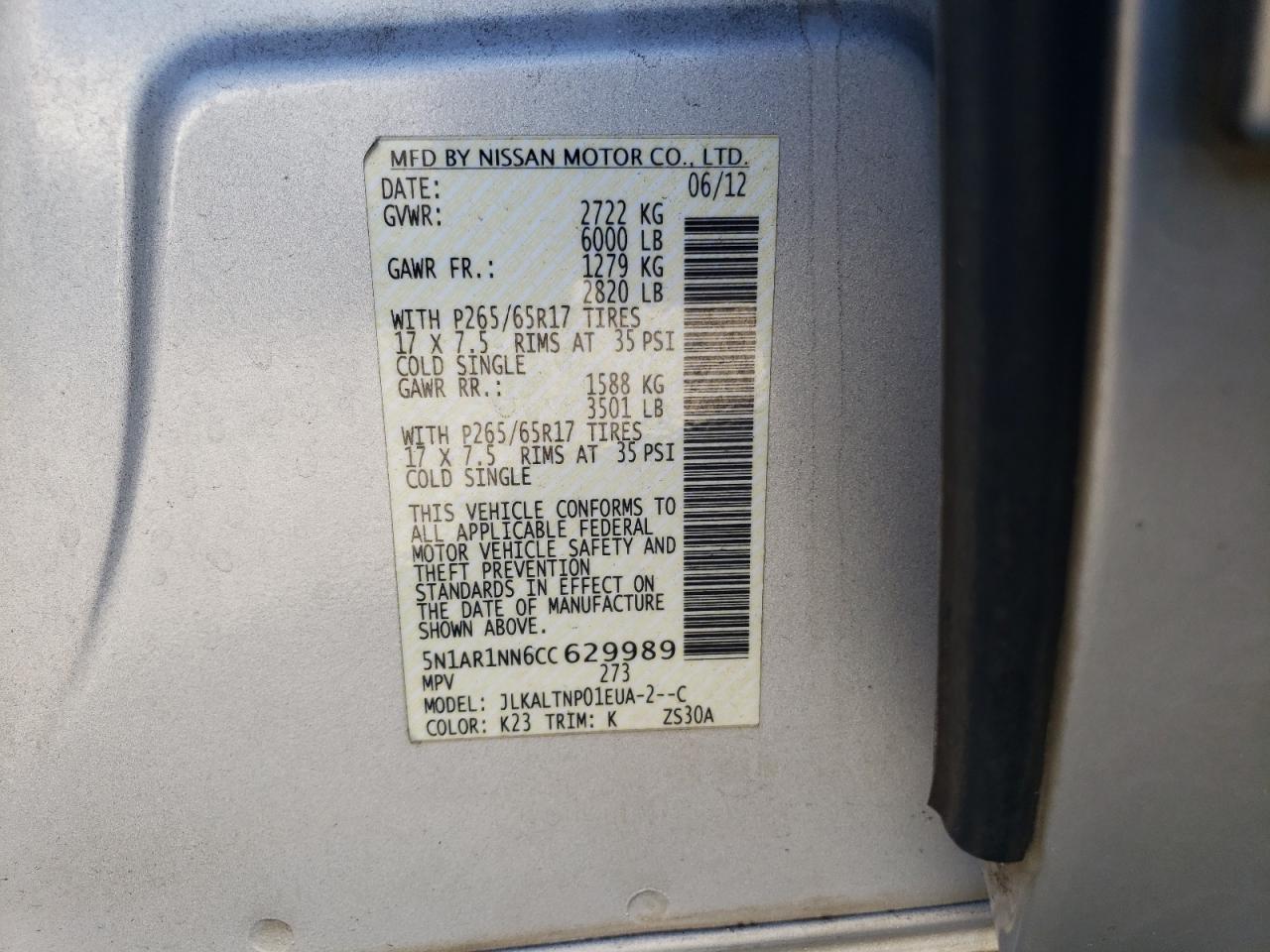 2012 Nissan Pathfinder VIN 5N1AR1NN6CC629989 Copart auction photo, side / front end damage thumbnail 13