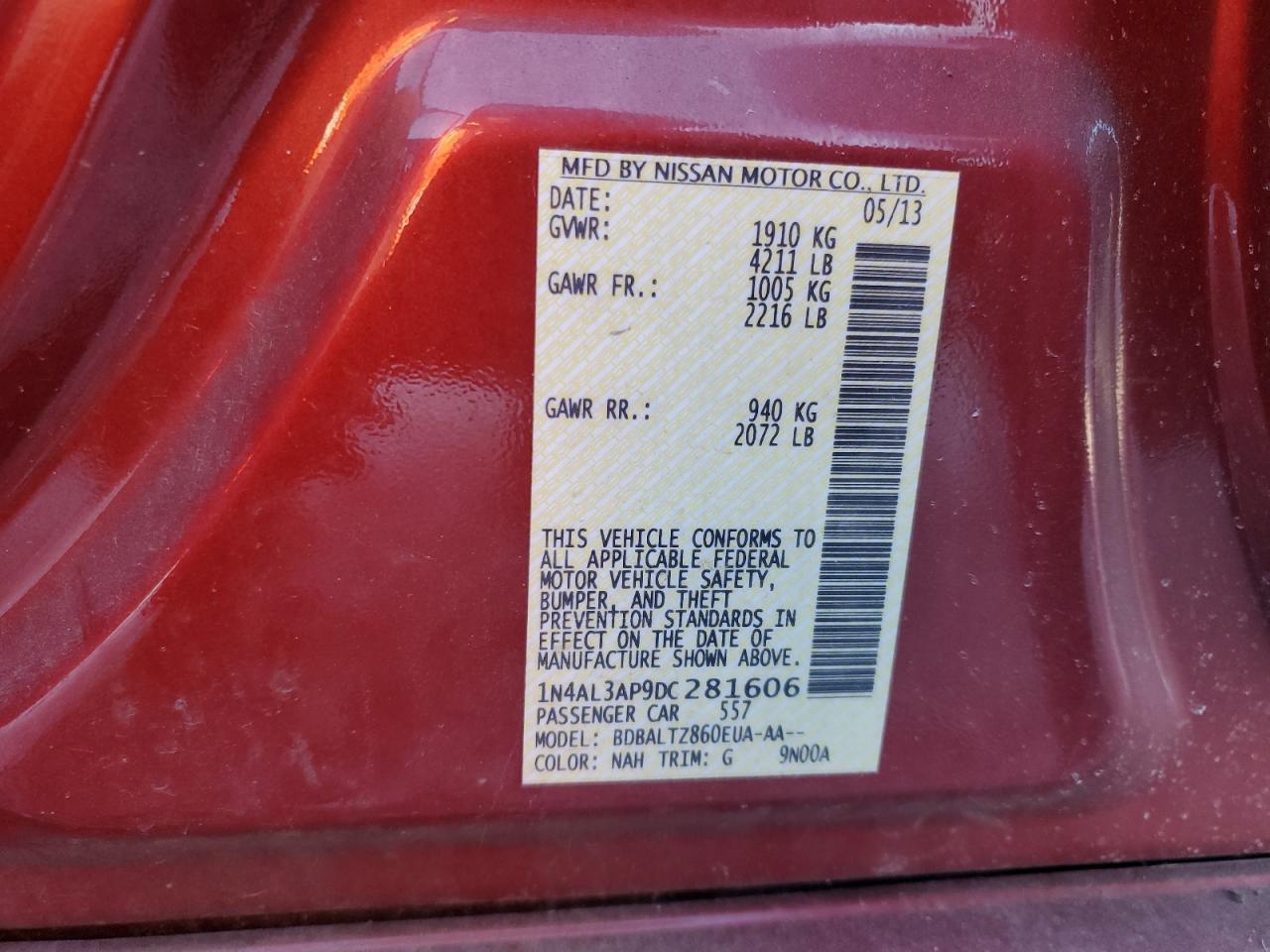 2013 Nissan Altima VIN 1N4AL3AP9DC281606 Copart auction photo, front end / minor dent/scratches damage thumbnail 12