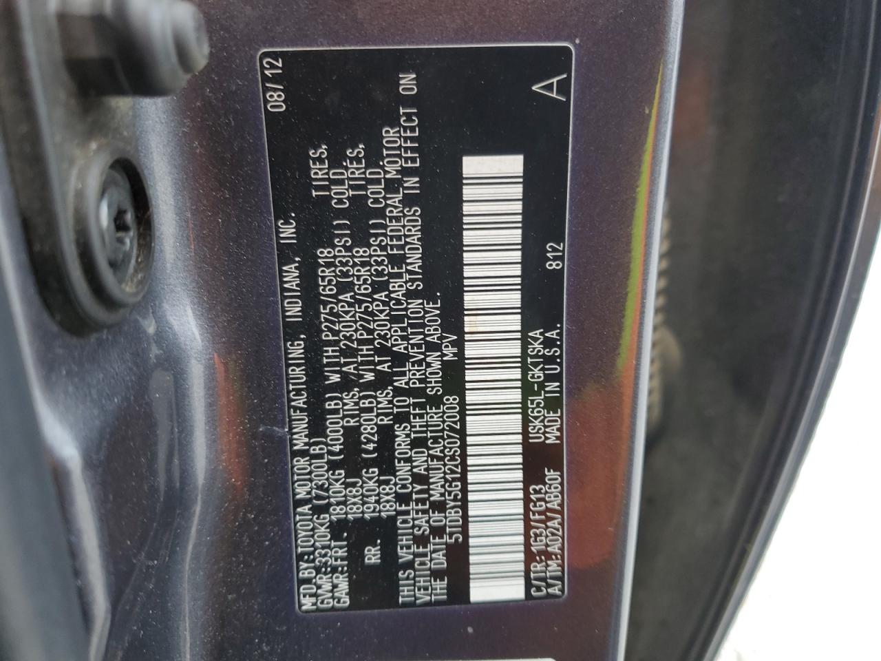 2012 Toyota Sequoia VIN 5TDBY5G12CS072008 Copart auction photo, front end damage thumbnail 15