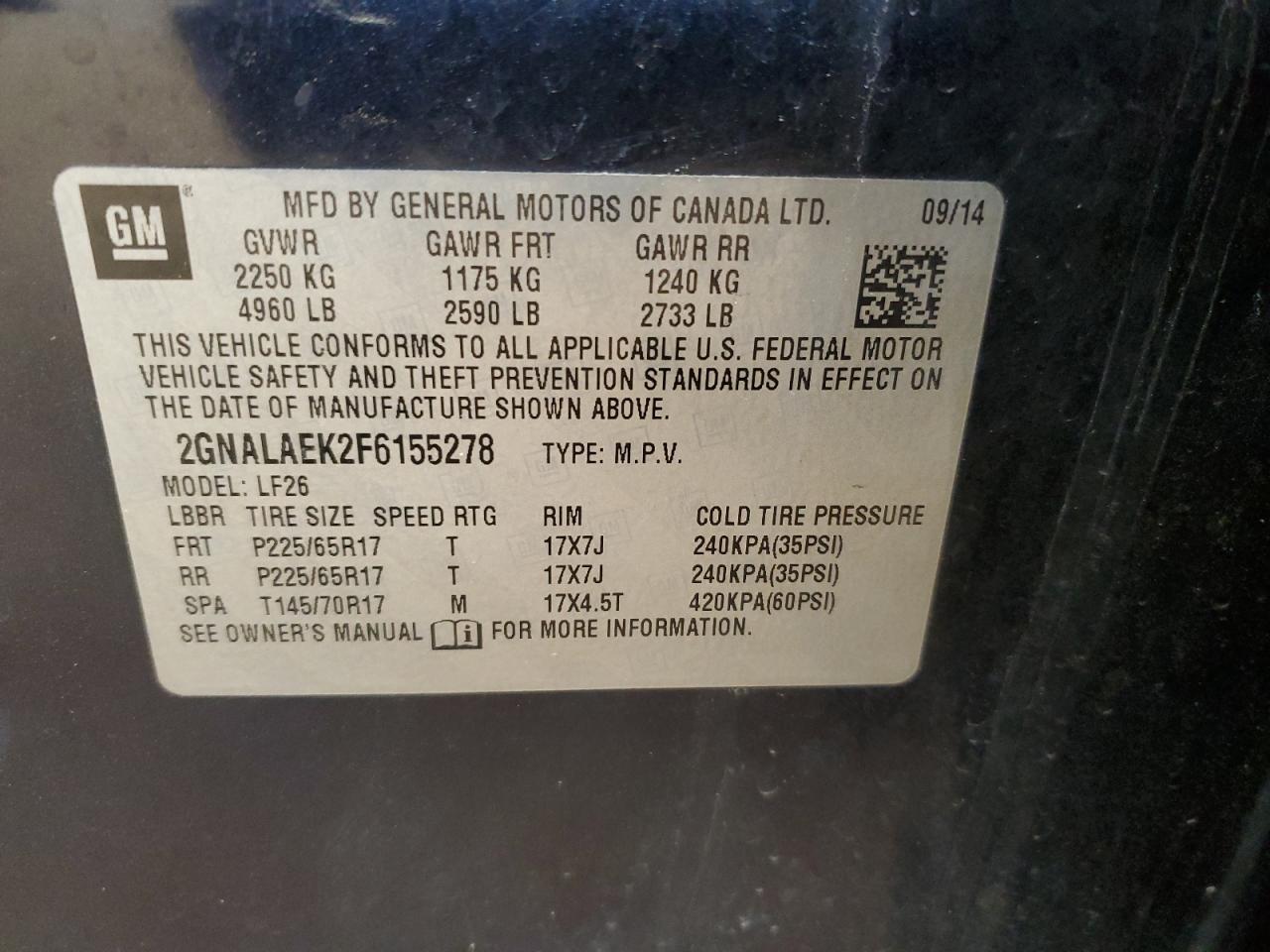 2015 Chevrolet Equinox VIN 2GNALAEK2F6155278 Copart auction photo, front end damage thumbnail 15