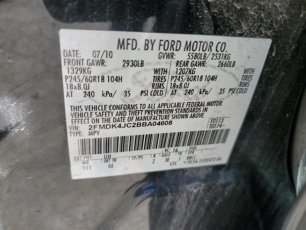 2011 Ford Edge VIN 2FMDK4JC2BBA04608 Copart auction photo, front end damage thumbnail 13