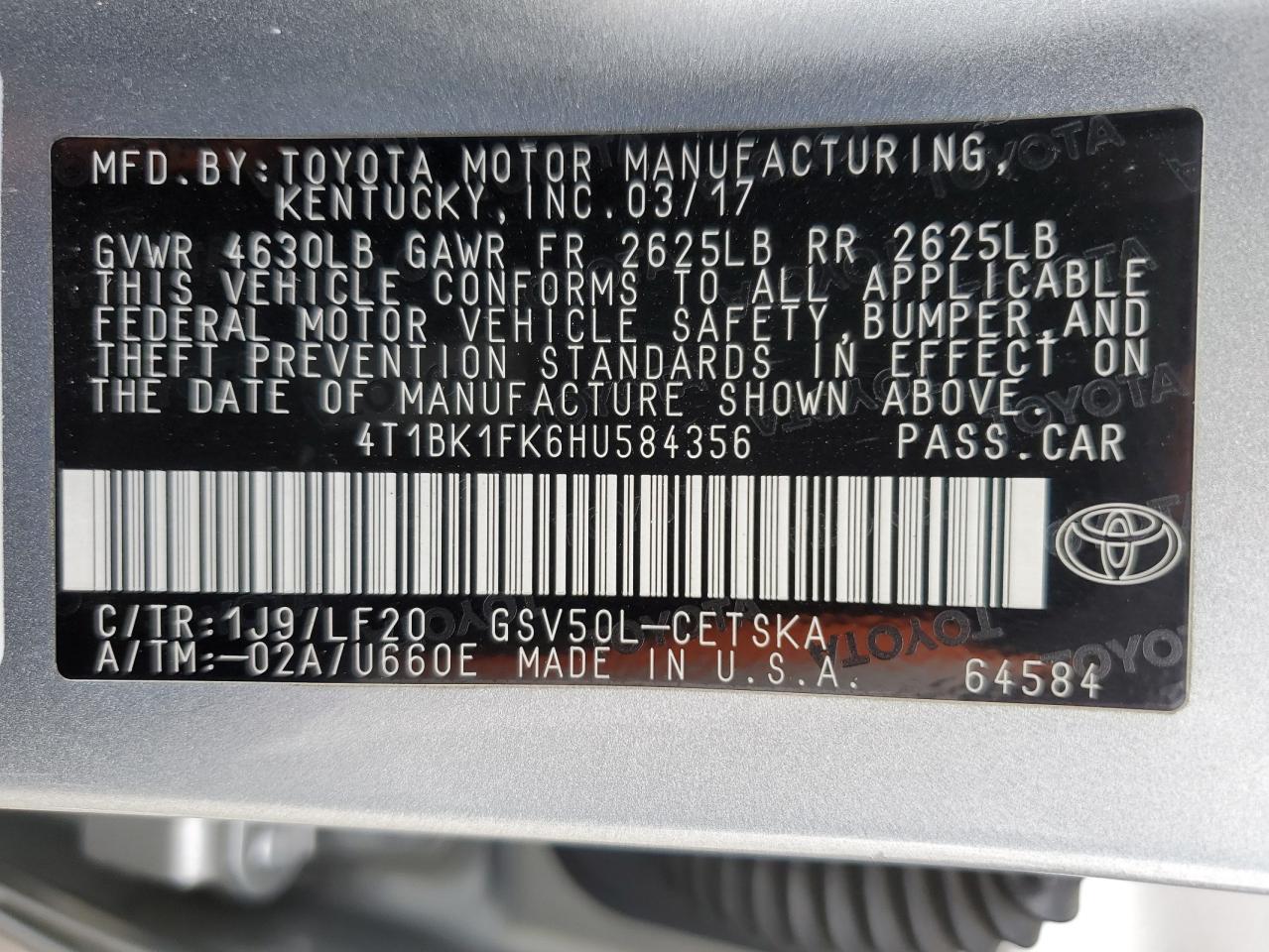 2017 Toyota Camry VIN 4T1BK1FK6HU584356 Copart auction photo, front end / side damage thumbnail 14
