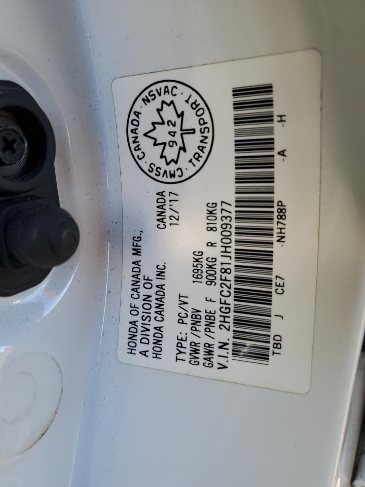 2018 Honda Civic VIN 2HGFC2F81JH009377 Copart auction photo, all over / mechanical damage thumbnail 12