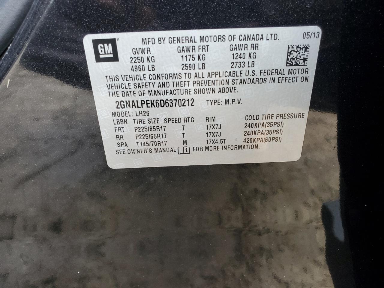 2013 Chevrolet Equinox VIN 2GNALPEK6D6370212 Copart auction photo, front end / minor dent/scratches damage thumbnail 16