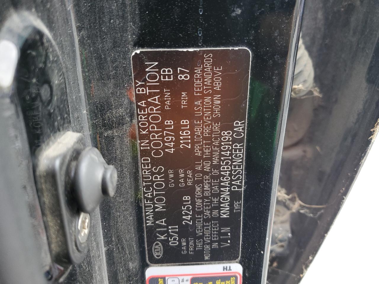 2011 KIA Optima VIN KNAGN4A64B5149198 Copart auction photo, mechanical damage thumbnail 12
