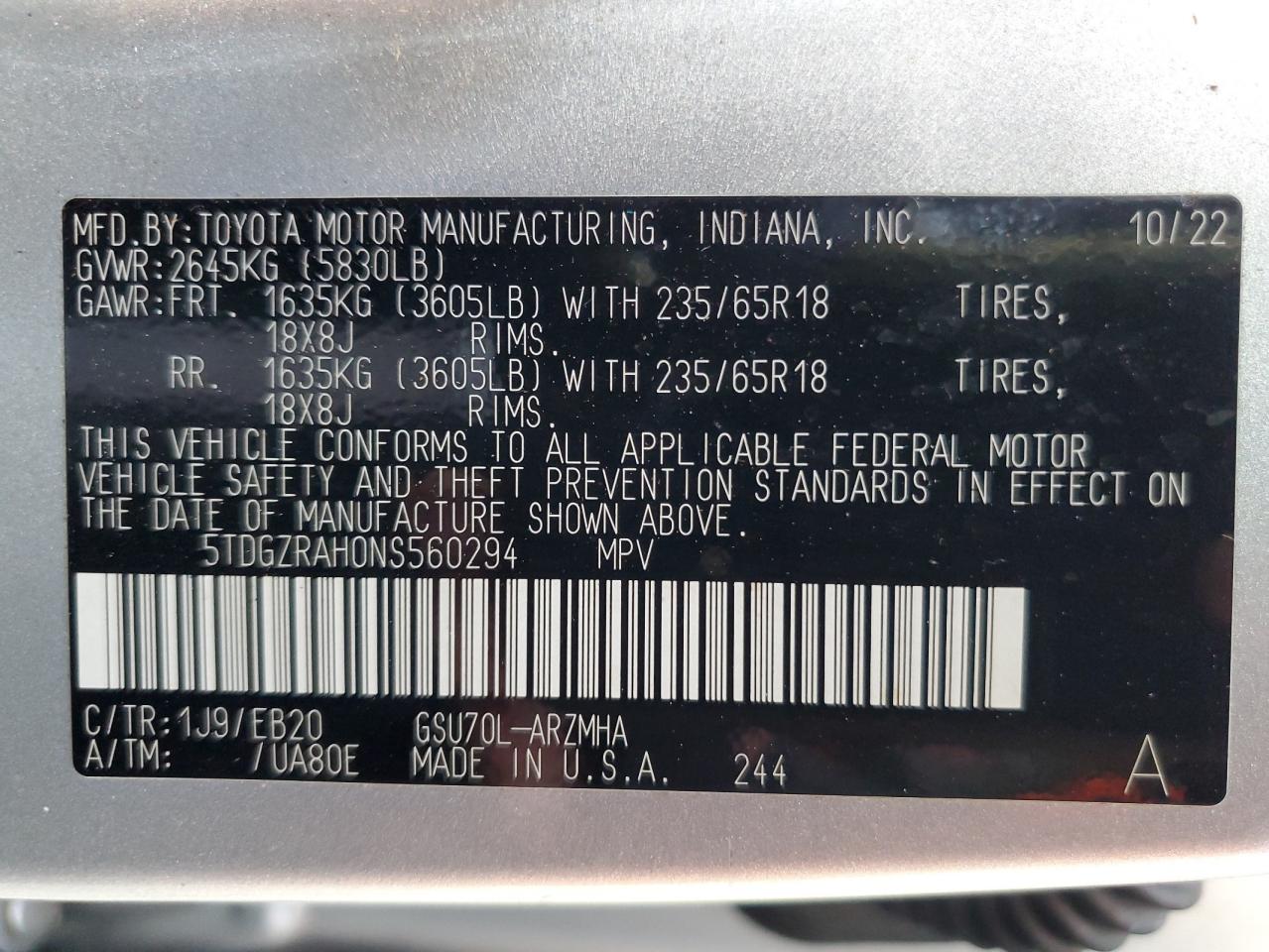 2022 Toyota Highlander VIN 5TDGZRAH0NS560294 Copart auction photo, front end damage thumbnail 16