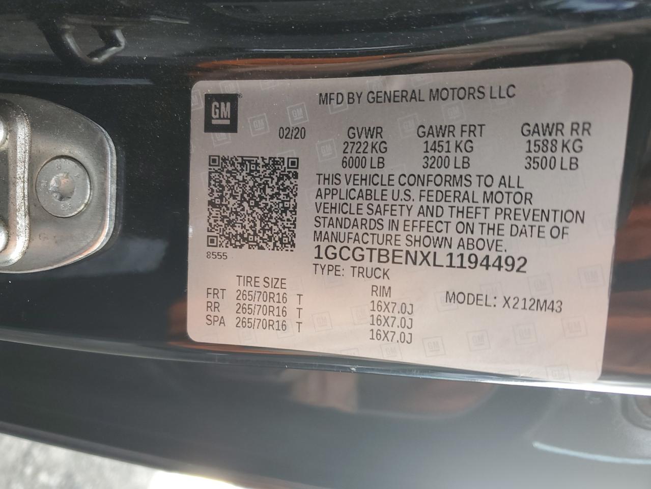 2020 Chevrolet Colorado VIN 1GCGTBENXL1194492 Copart auction photo, front end damage thumbnail 12