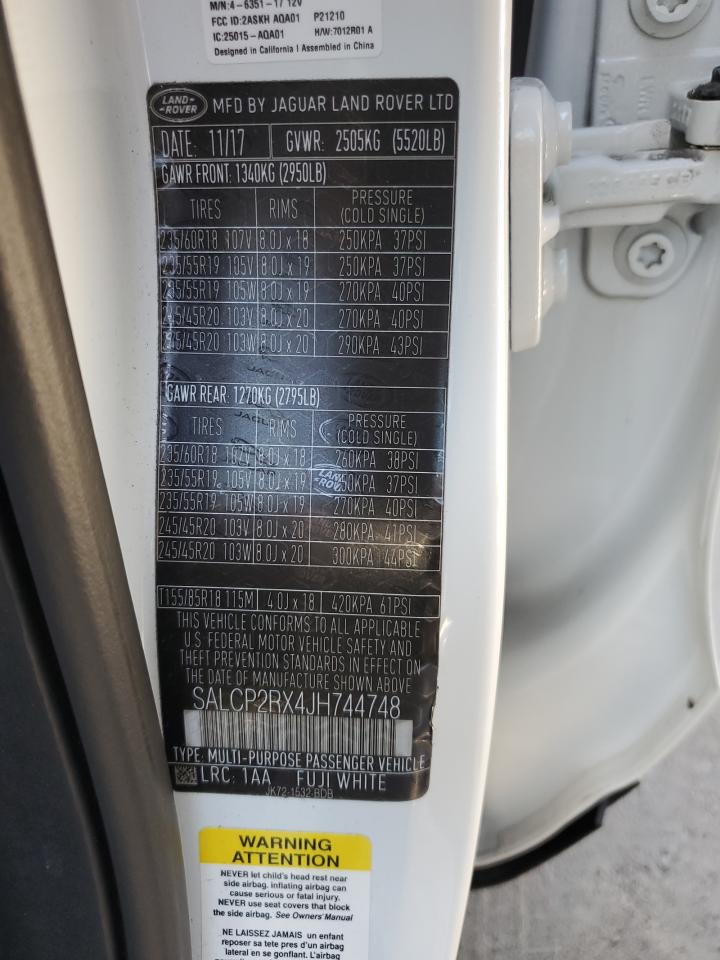 2018 Land Rover Discovery VIN SALCP2RX4JH744748 Copart auction photo, front end damage thumbnail 13