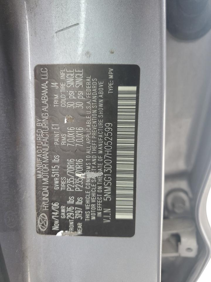 2007 Hyundai Santa Fe VIN 5NMSG13D07H052599 Copart auction photo, side damage thumbnail 13